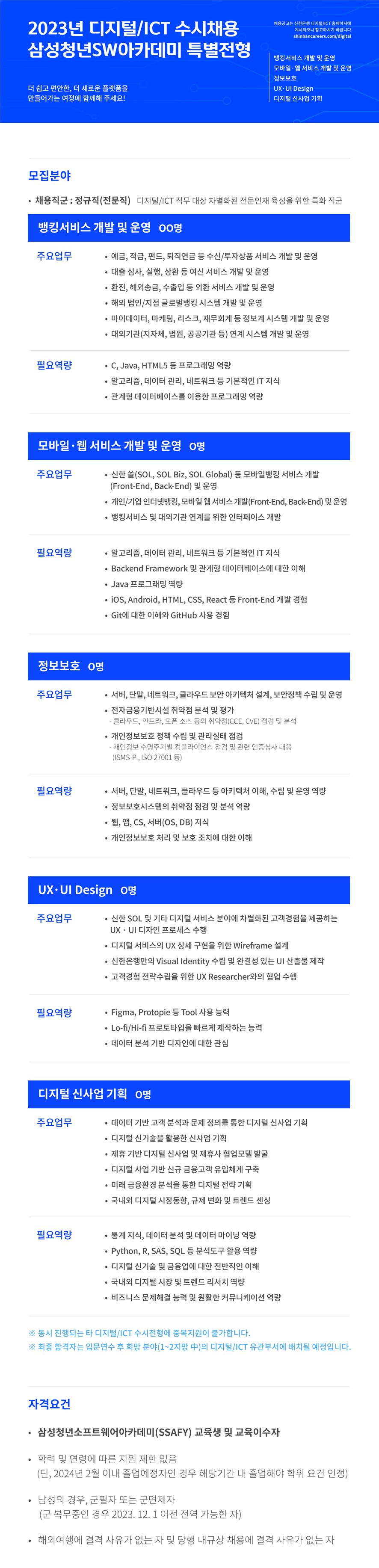 [신한은행] 2023년 디지털/ICT 수시채용 삼성청년SW아카데미 특별전형